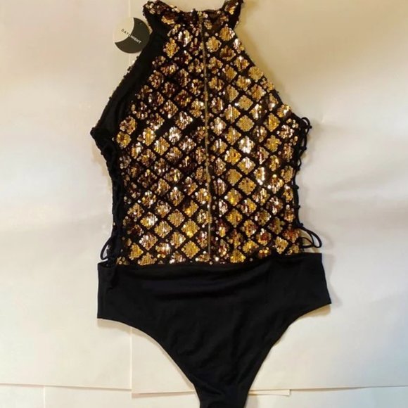 Day & Night  Black &Gold Sequin's Halter Bodysuit Size 3x (NWO) - Picture 2 of 9
